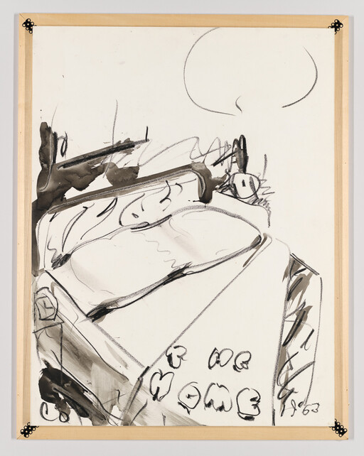 Loose black ink sketch of an unmade bed with pillows and a round lamp above.