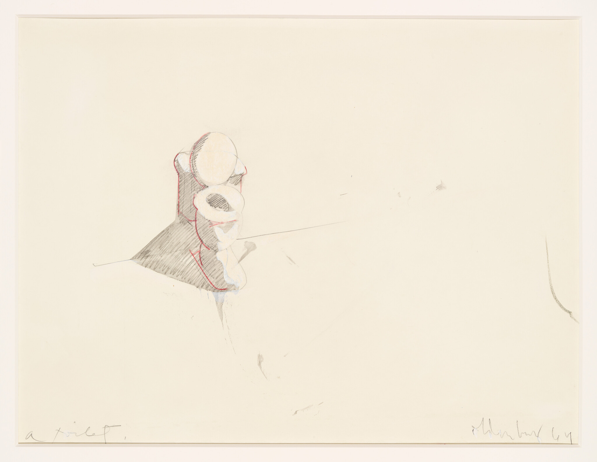 A simple pencil and colored sketch of a toilet mounted on a ledge.