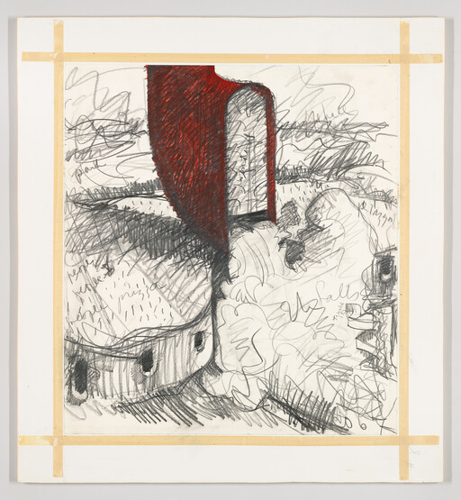 A large red archway dominates a chaotic black pencil sketch of rounded forms and scribbled landscape.
