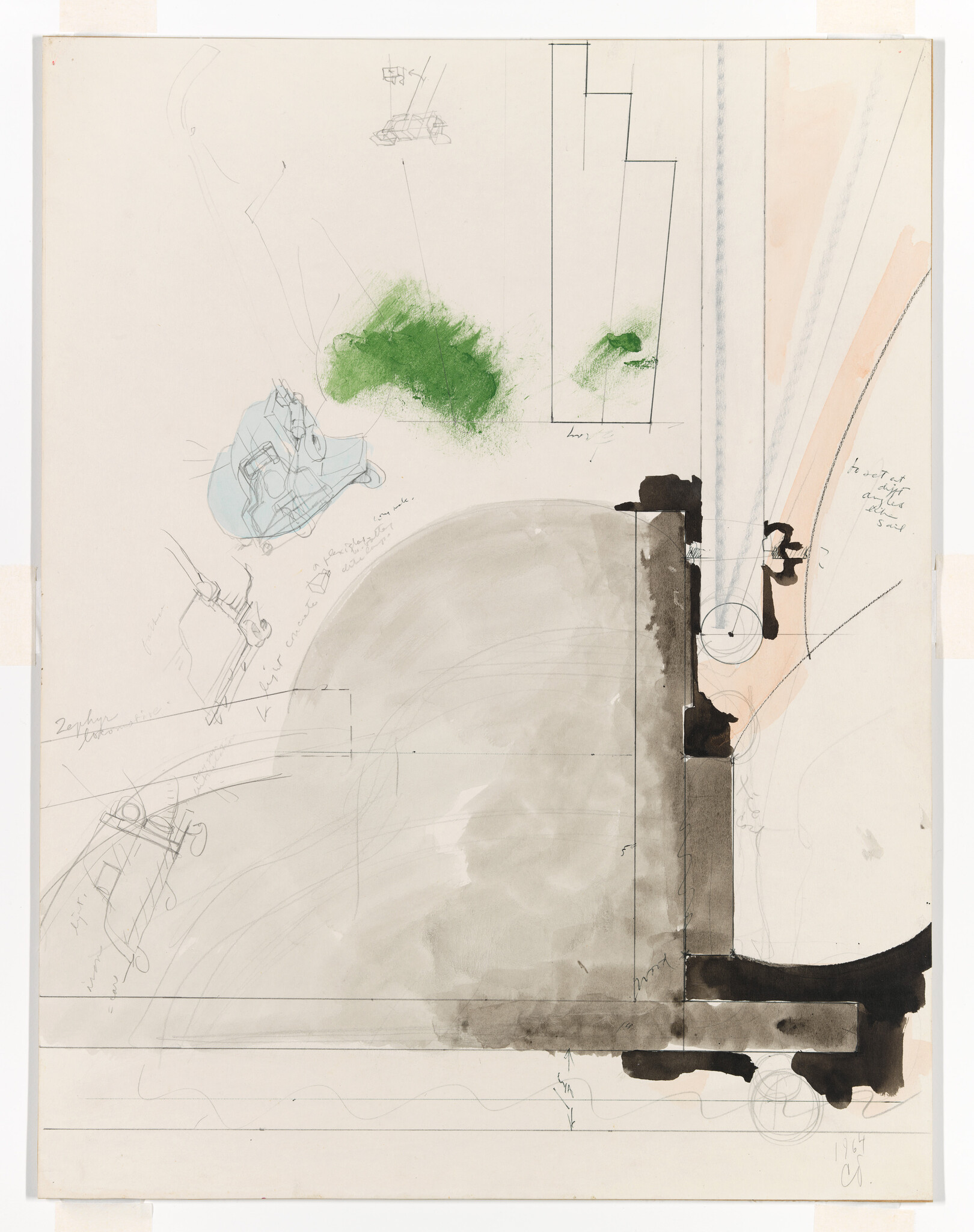 Architectural sketch showing a large gray dome wash, a vertical black column, and green smudge.