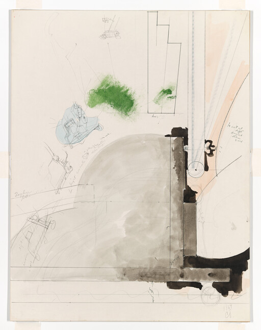 Architectural sketch showing a large gray dome wash, a vertical black column, and green smudge.