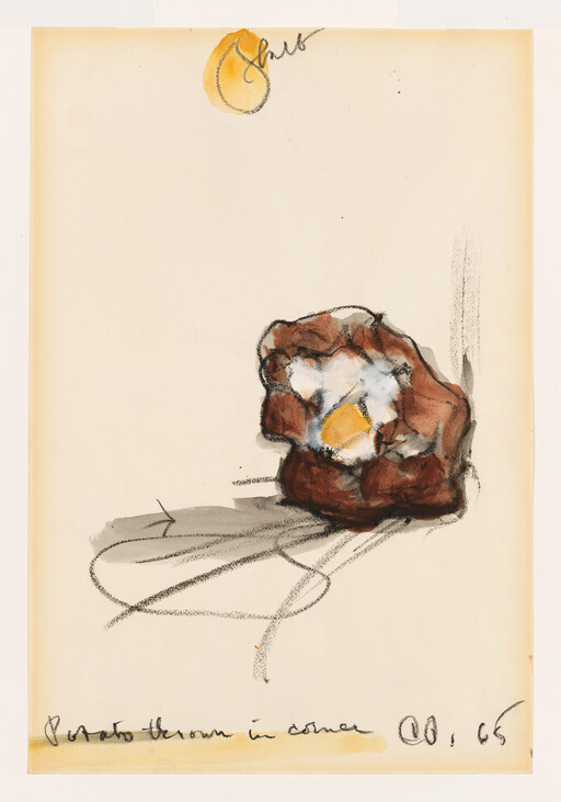 A loose sketch of a brown pastry topped with a fried egg, with charcoal shadowing.