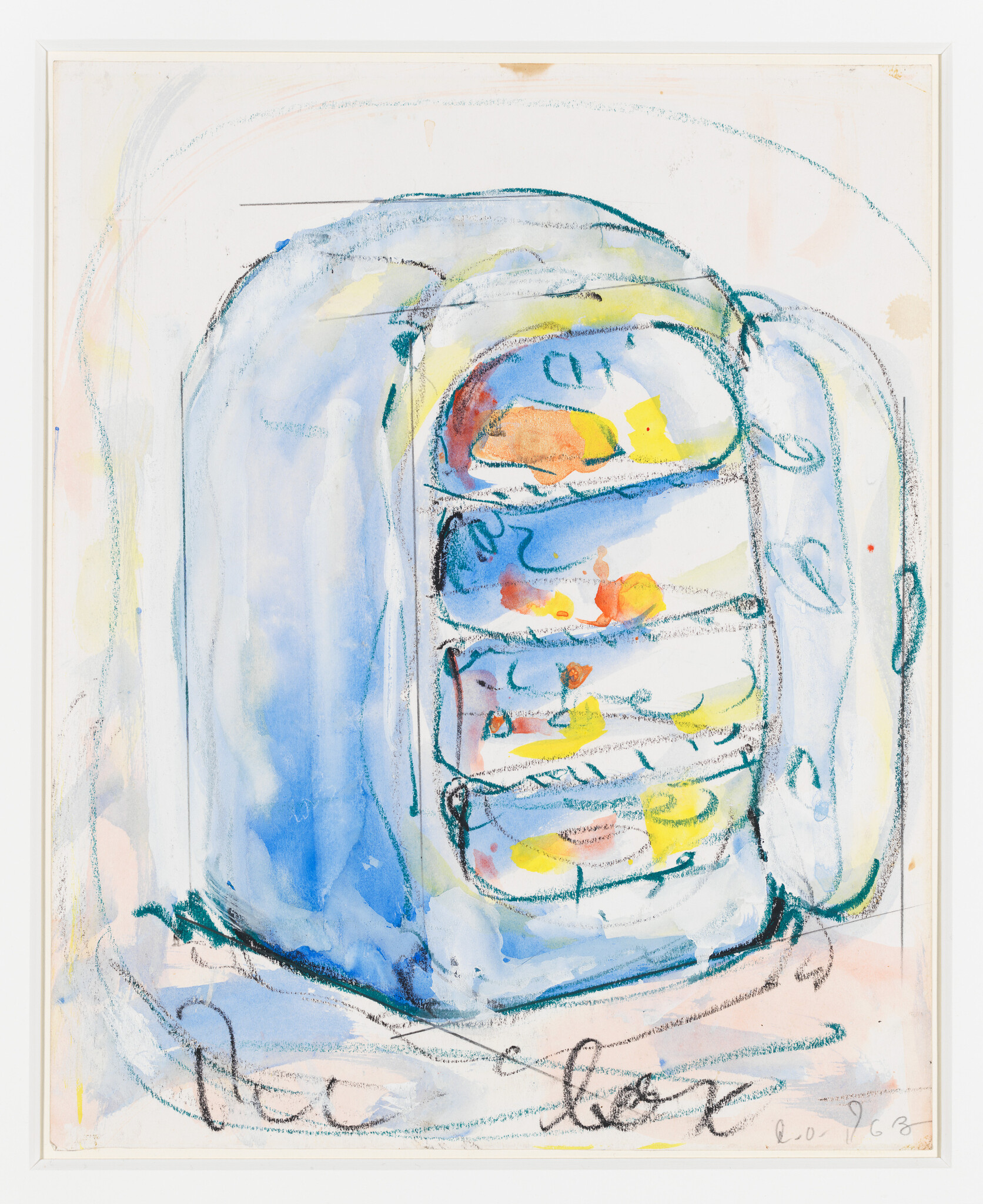 Abstract painting of a refrigerator with colorful items inside, featuring blue and yellow tones.
