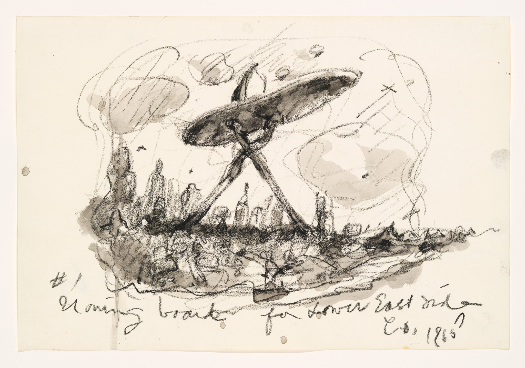 Large saucer-like craft on tripod legs hovers above a rough city skyline.