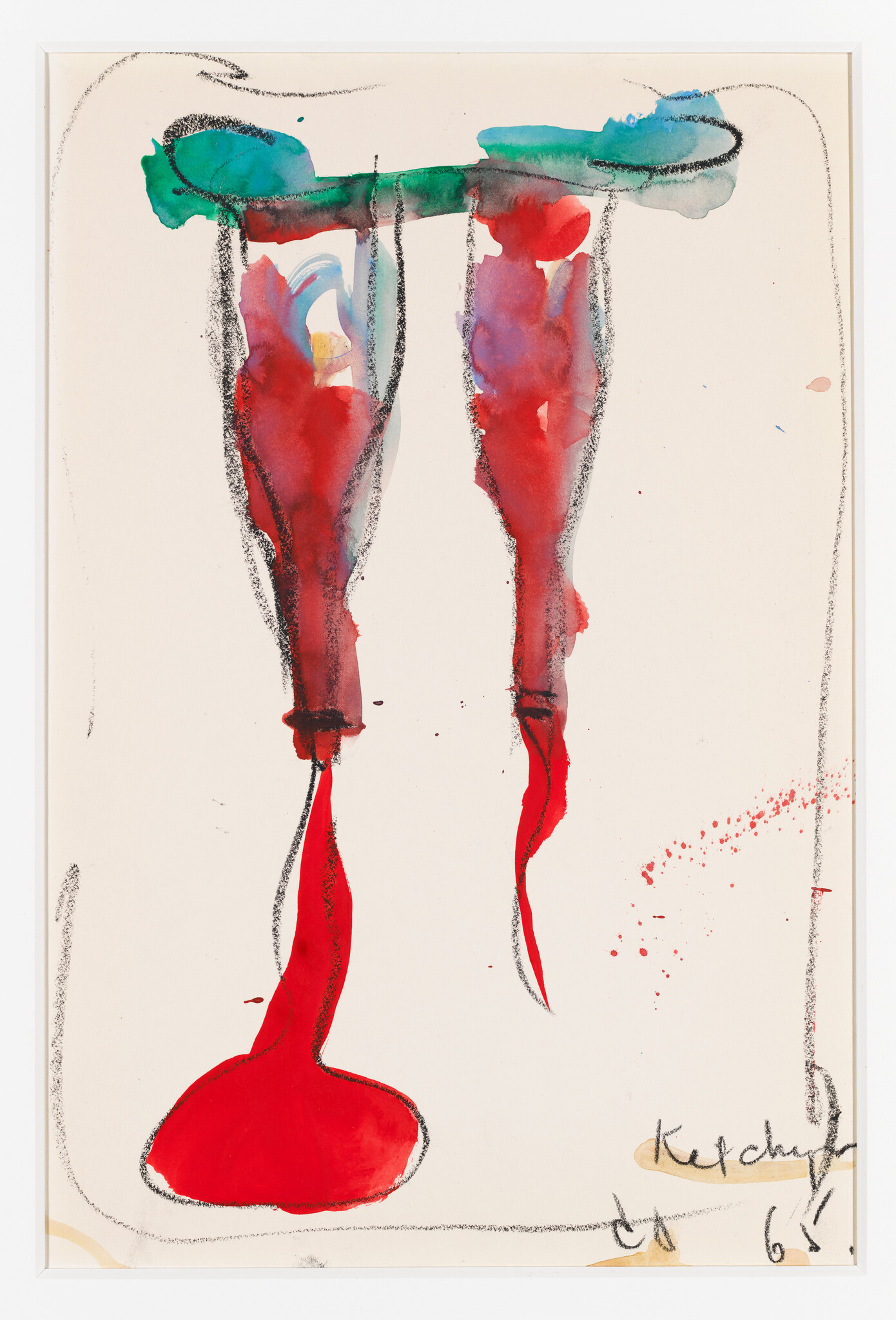 Two tall red, dripping forms hang from a green bar, one pooling bright red at bottom.