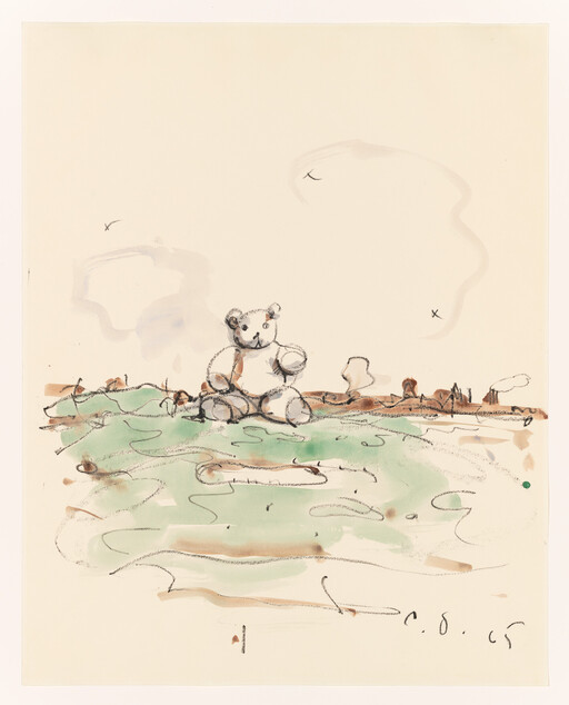 A small teddy bear sits on a shoreline with green water washes and loose sketch lines.