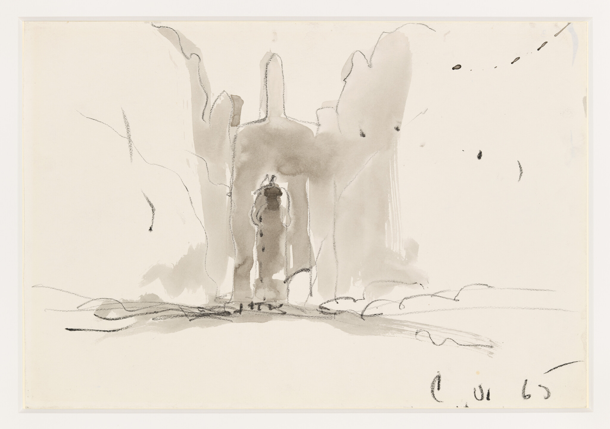Tall statue stands within large abstract rock formations, sketched with ink washes and charcoal lines.