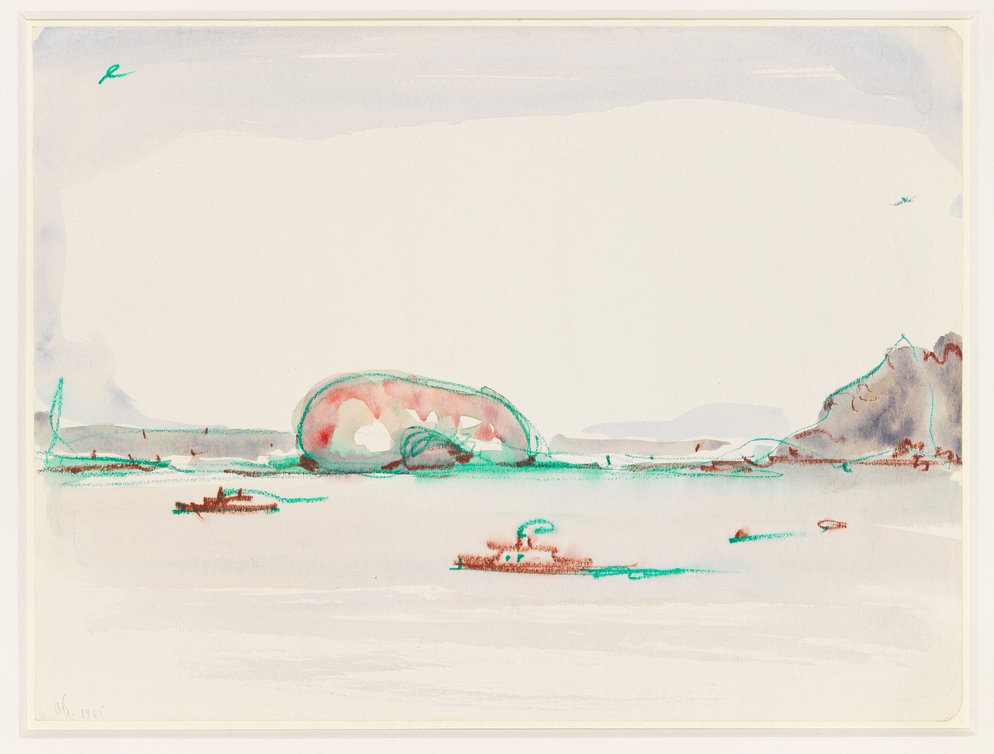A pale coastal scene with a low arching rock island and small boats on calm water.