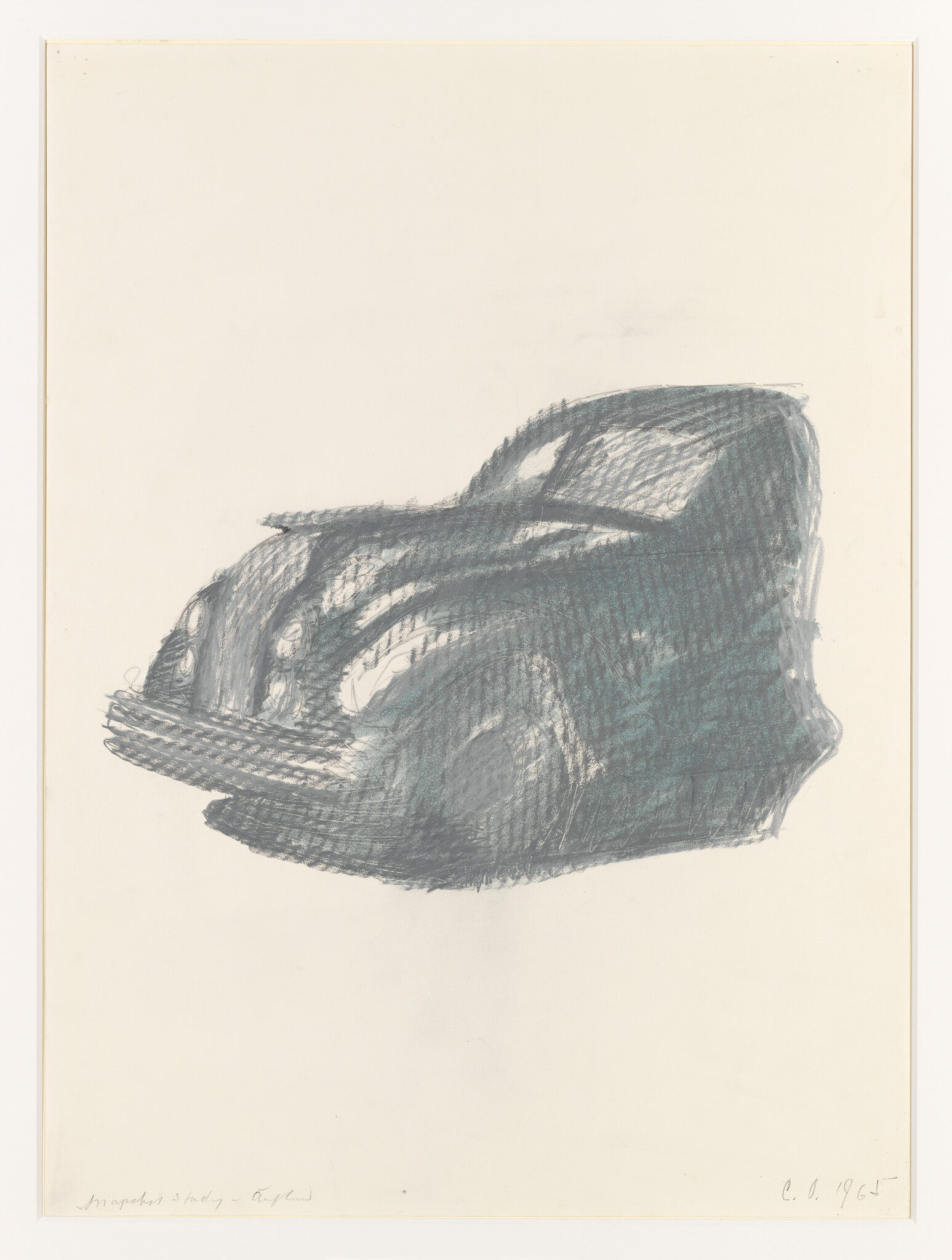 Dark charcoal sketch of a rounded vintage car front with visible headlights and grille.