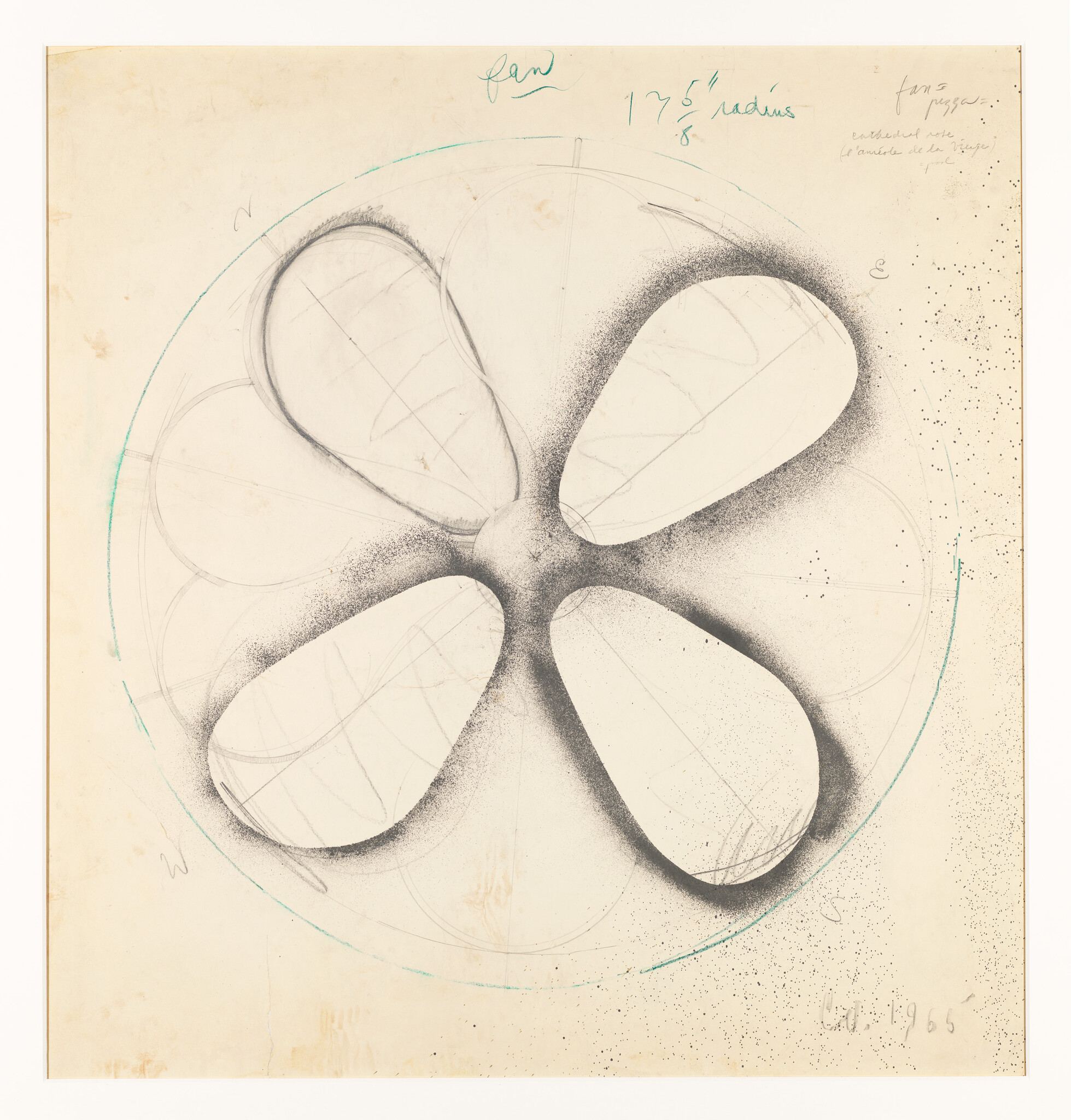 Four rounded propeller blades sketched within a large circle with dark shaded edges and teal guide marks.