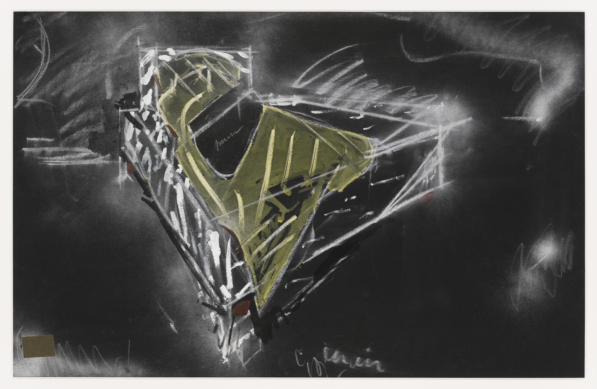 Angular yellow-green shape with white chalk marks floats against a dark textured background.