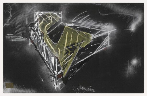 Angular yellow-green shape with white chalk marks floats against a dark textured background.