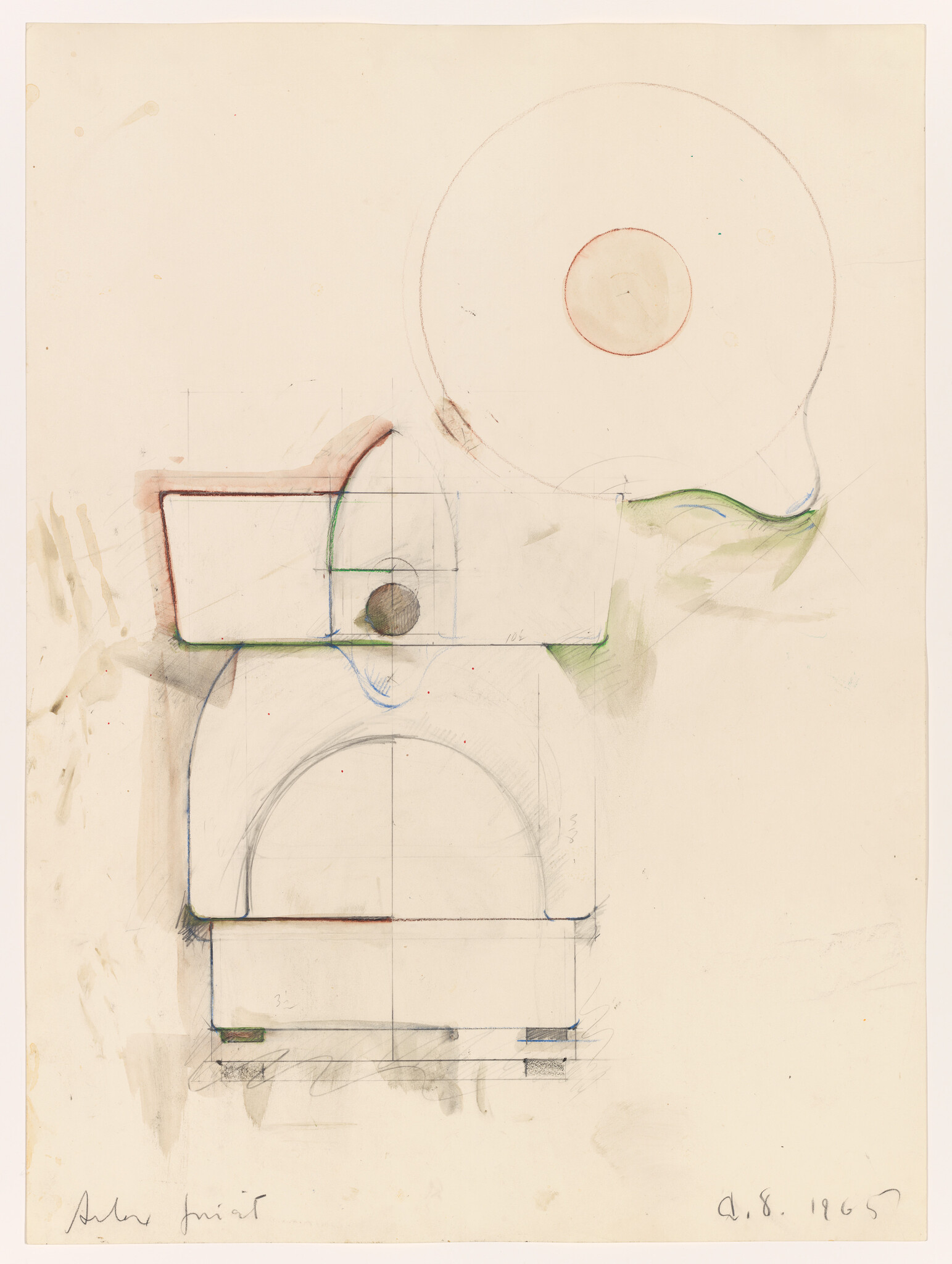 A detailed pencil and watercolor technical sketch showing rounded arches and circular components with measurements.