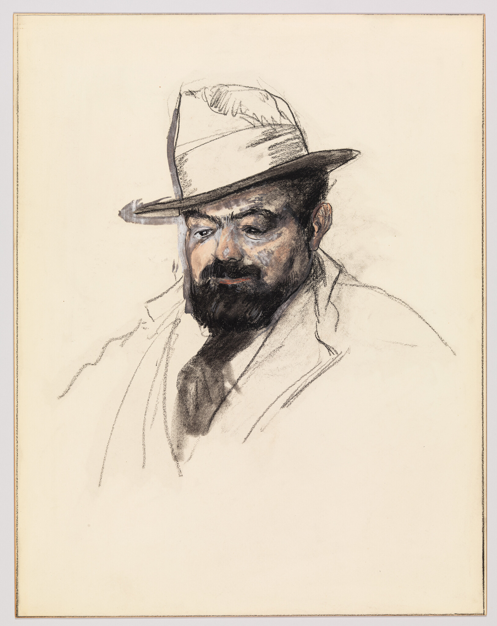A charcoal and pastel portrait of a bearded man wearing a hat and looking downward.