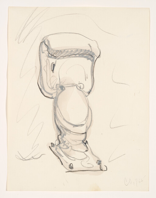 A loose charcoal sketch of a worn boot viewed from the side and slightly above.