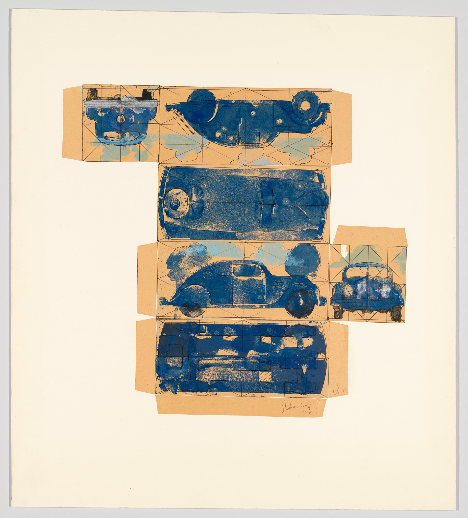 Blueprint-style blue car sketches printed on tan panels arranged in a grid on a white sheet.