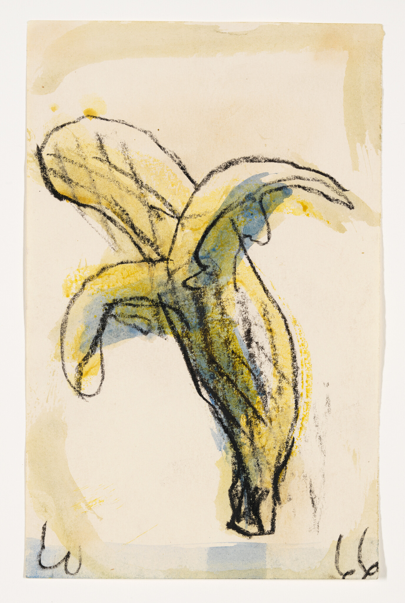 A loose charcoal and watercolor sketch of a partially peeled banana with yellow and blue tones.