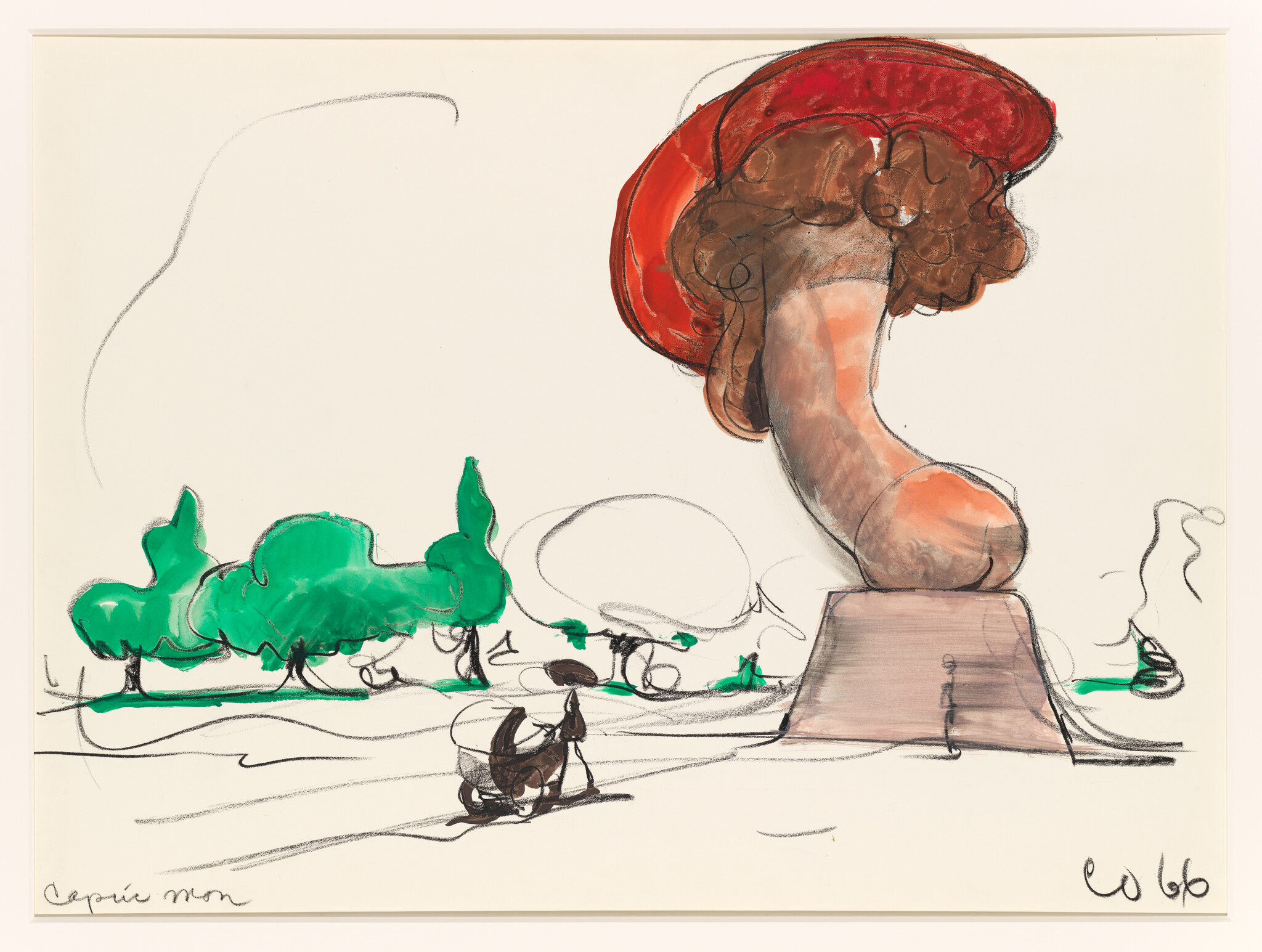 Large red-brown abstract sculpture on a pedestal overlooks a park where a person pushes a stroller.