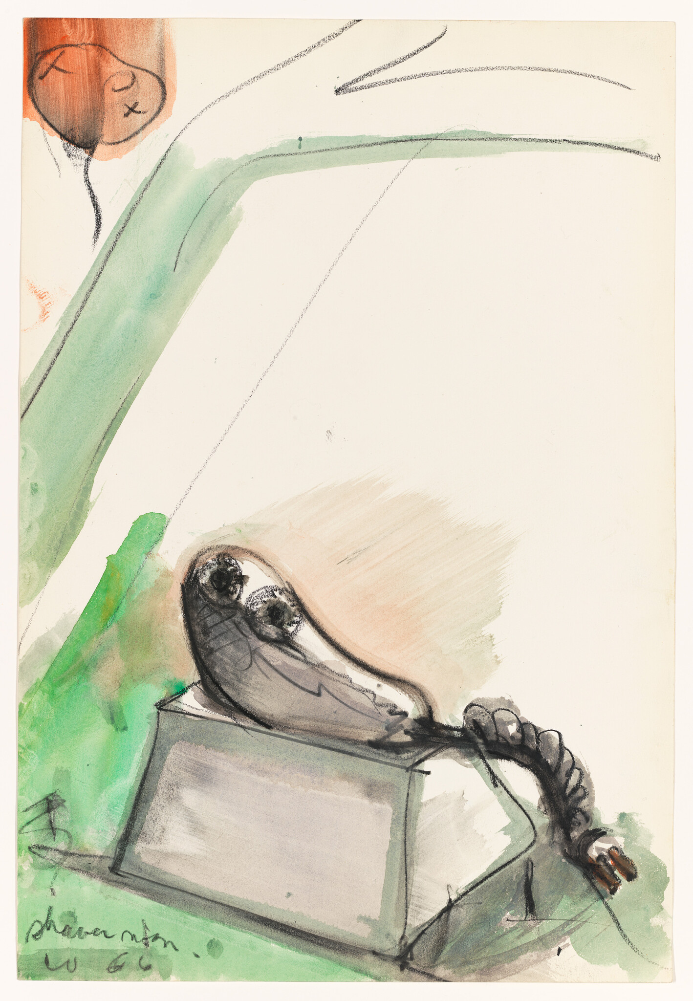 Abstract reclining figure with braided tail lying on a rectangular pedestal against green brushstrokes.