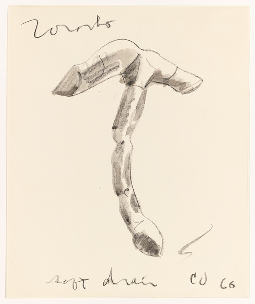 Loose charcoal sketch of a long, curved mushroom with a broad cap and textured stem.