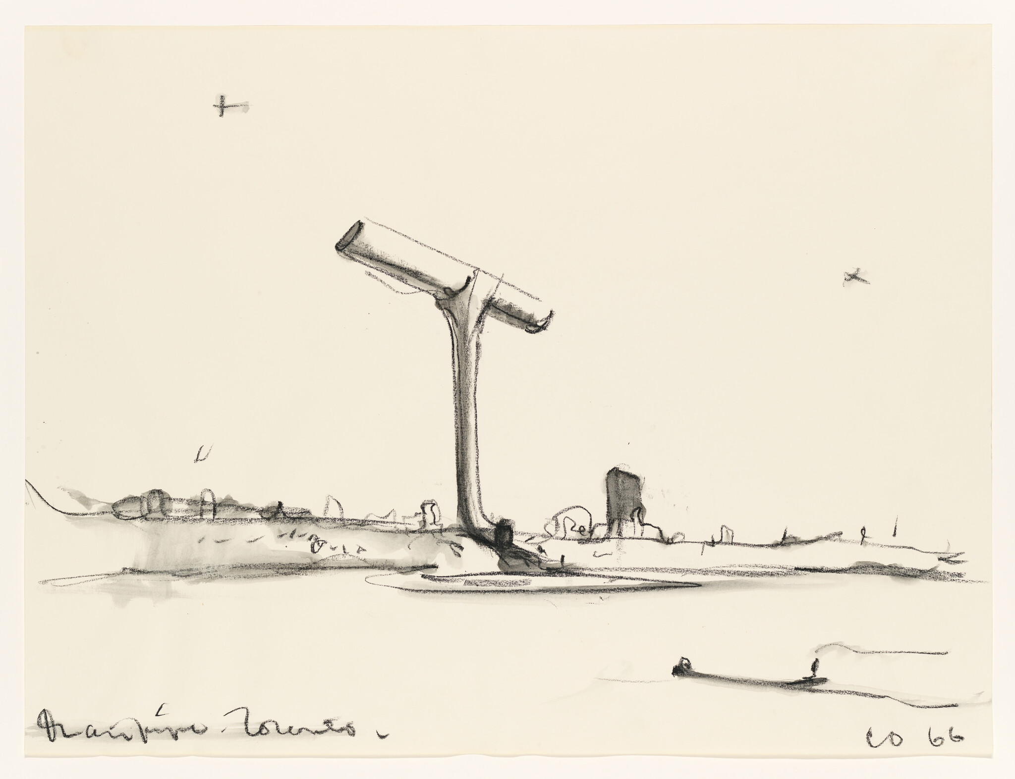 A tall T-shaped wooden structure or telescope stands on a shoreline with small boats nearby.