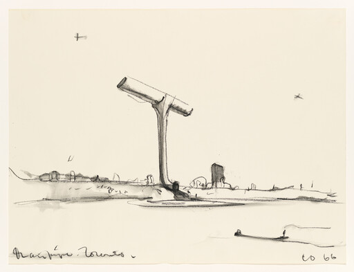 A tall T-shaped wooden structure or telescope stands on a shoreline with small boats nearby.