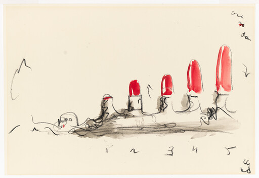 Five red lipstick shapes on bases sketched in charcoal and watercolor, labeled one to five.