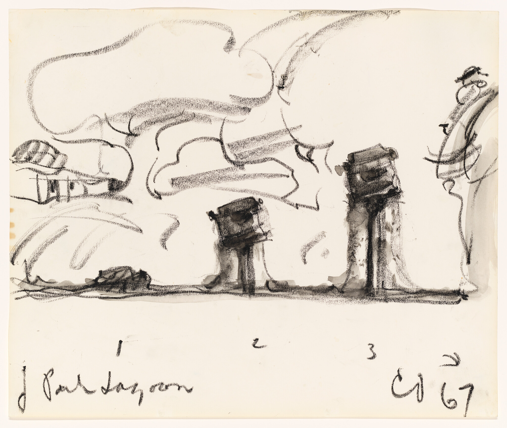 Three rough charcoal tree trunks and cloud-like shapes sketched across the page.