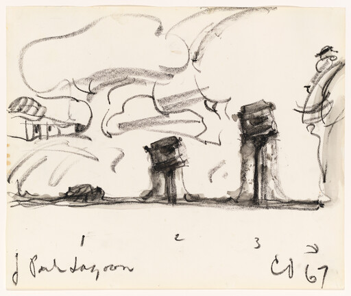 Three rough charcoal tree trunks and cloud-like shapes sketched across the page.