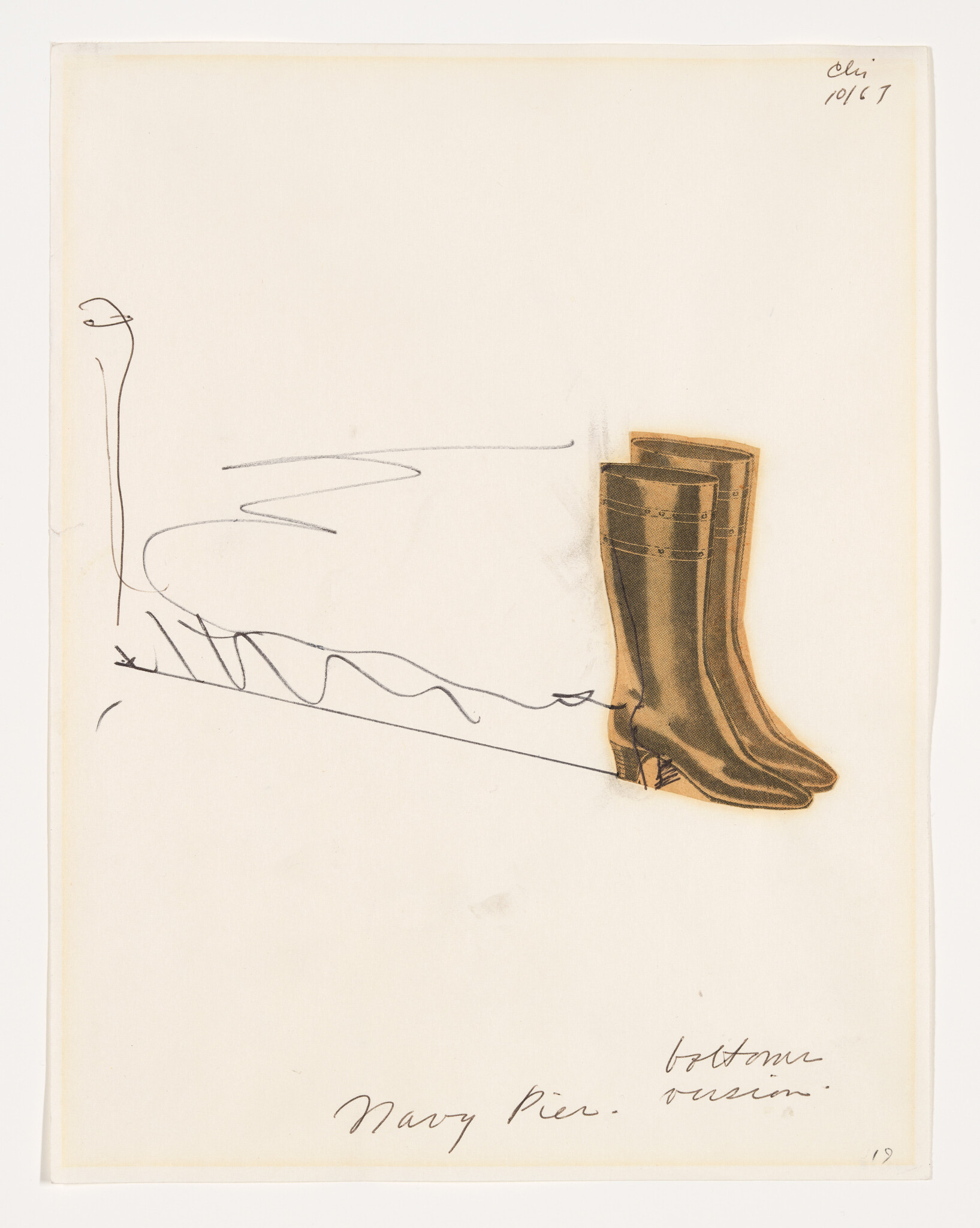 Two brown boots with handwritten text and abstract lines on a light background.
