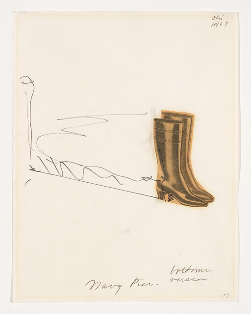 A pair of tall brown leather boots sketched beside loose pencil scribbles and handwriting.