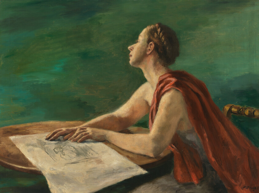 A seated artist with red drapery studies a sketch on a table while looking upward.