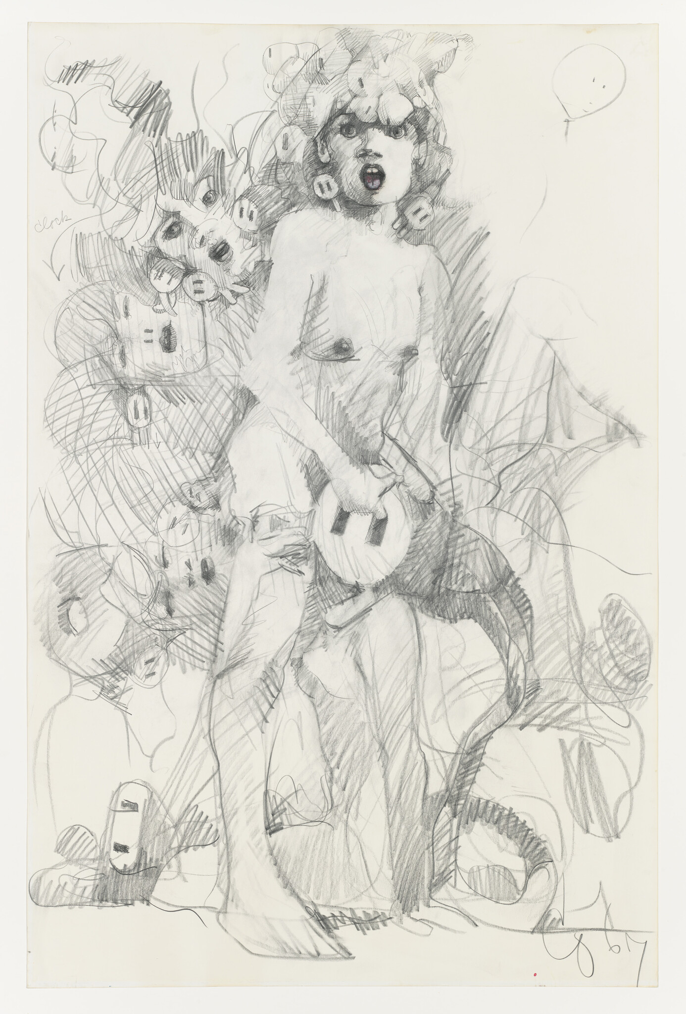 Nude figure with curly hair holds a round mask while surrounded by floating masked faces.