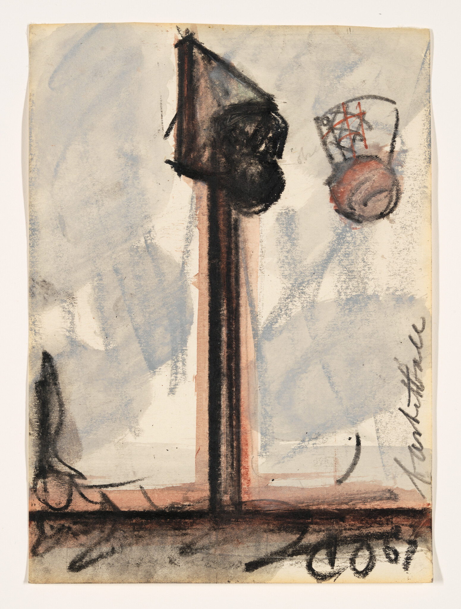 A basketball swishes into a loosely sketched hoop next to a tall wooden post.