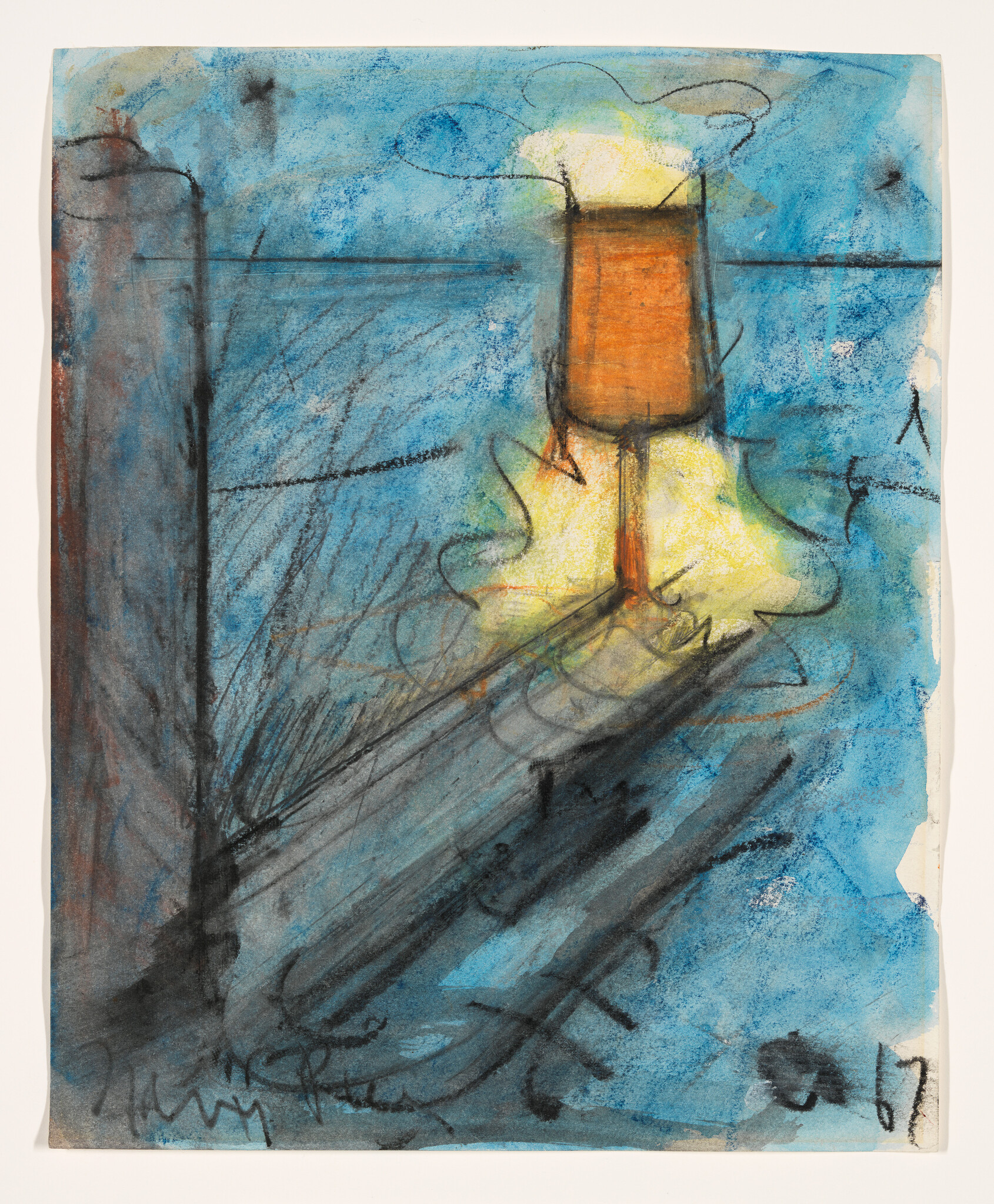 A glowing orange lamp casts bright yellow light and a long shadow across a blue surface.