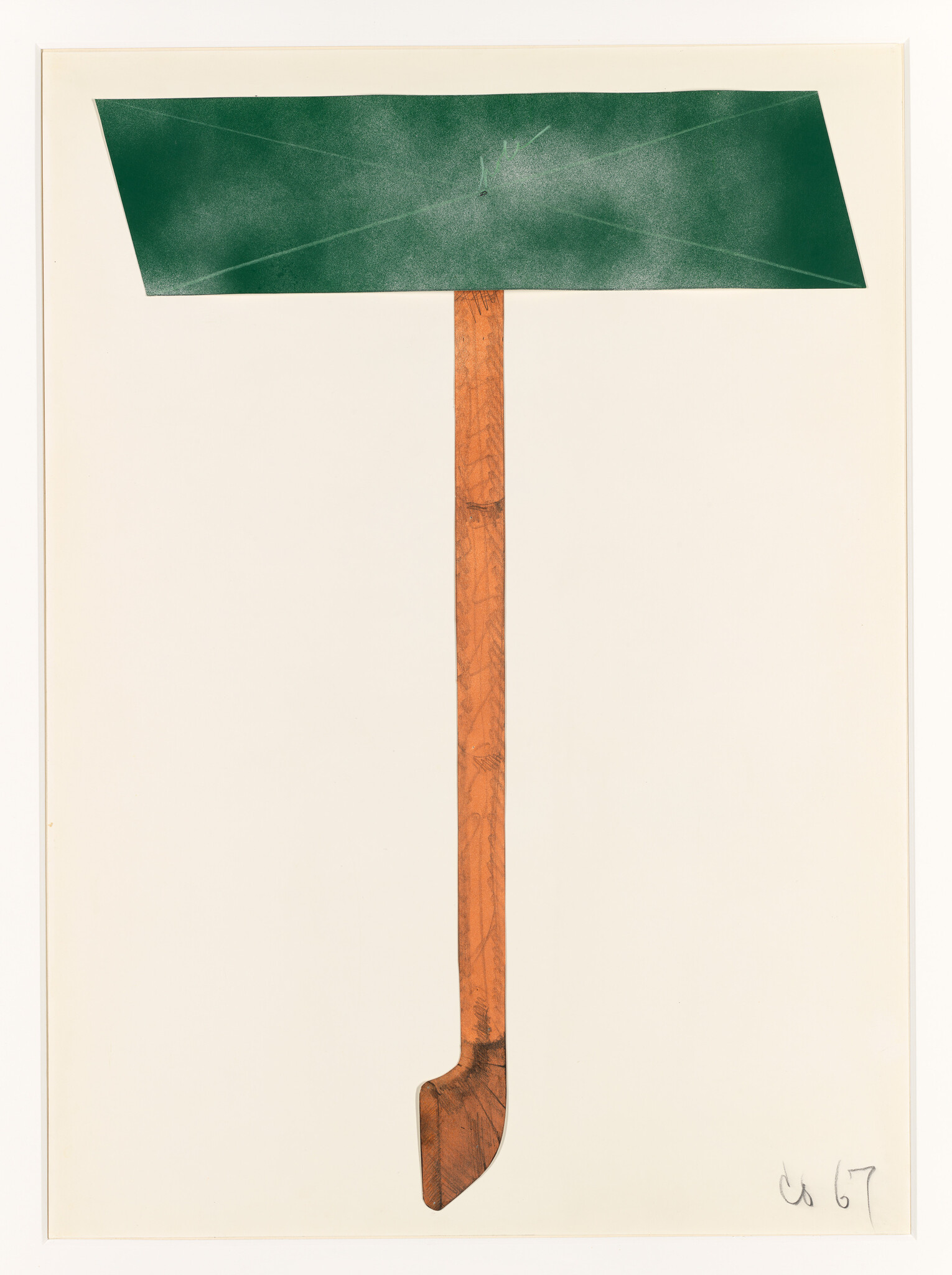 Tall wooden post with a wide green rectangular sign mounted at the top against a plain background.