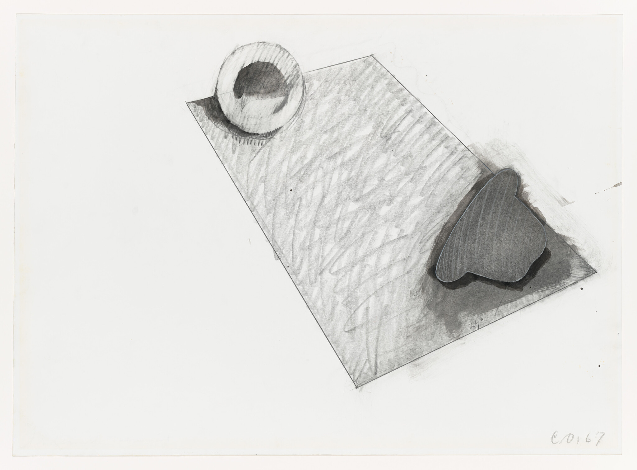 Graphite sketch of a tilted paper with a bowl at top left and a stone casting a shadow.