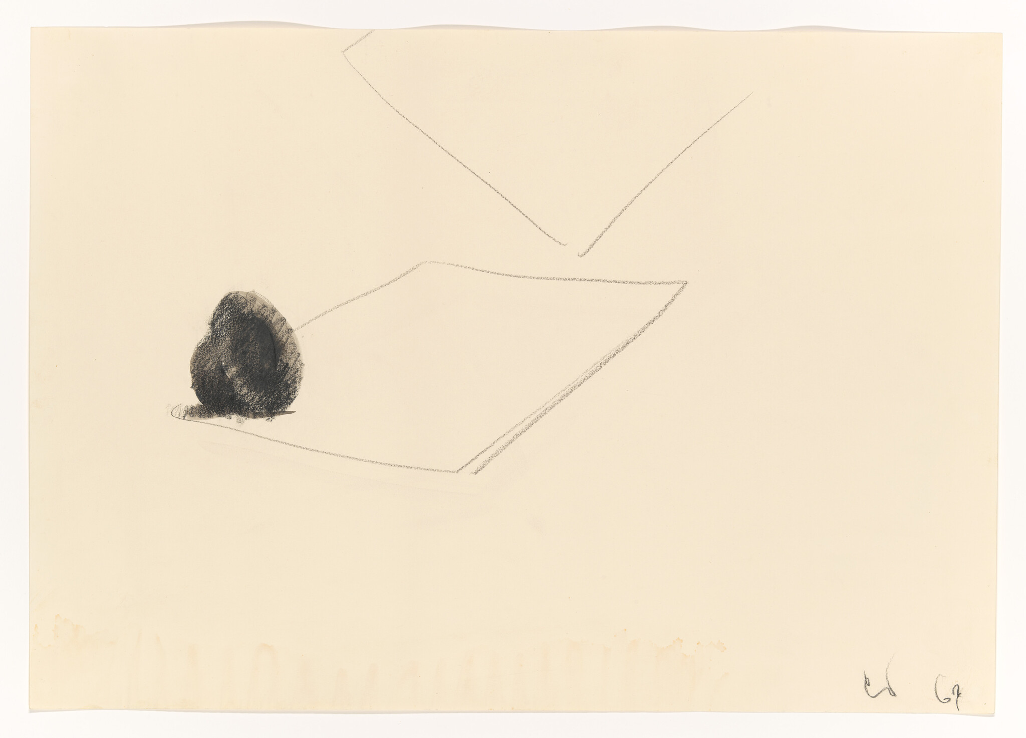 A small dark charcoal mound sits on a lightly sketched rectangular plane against blank paper.