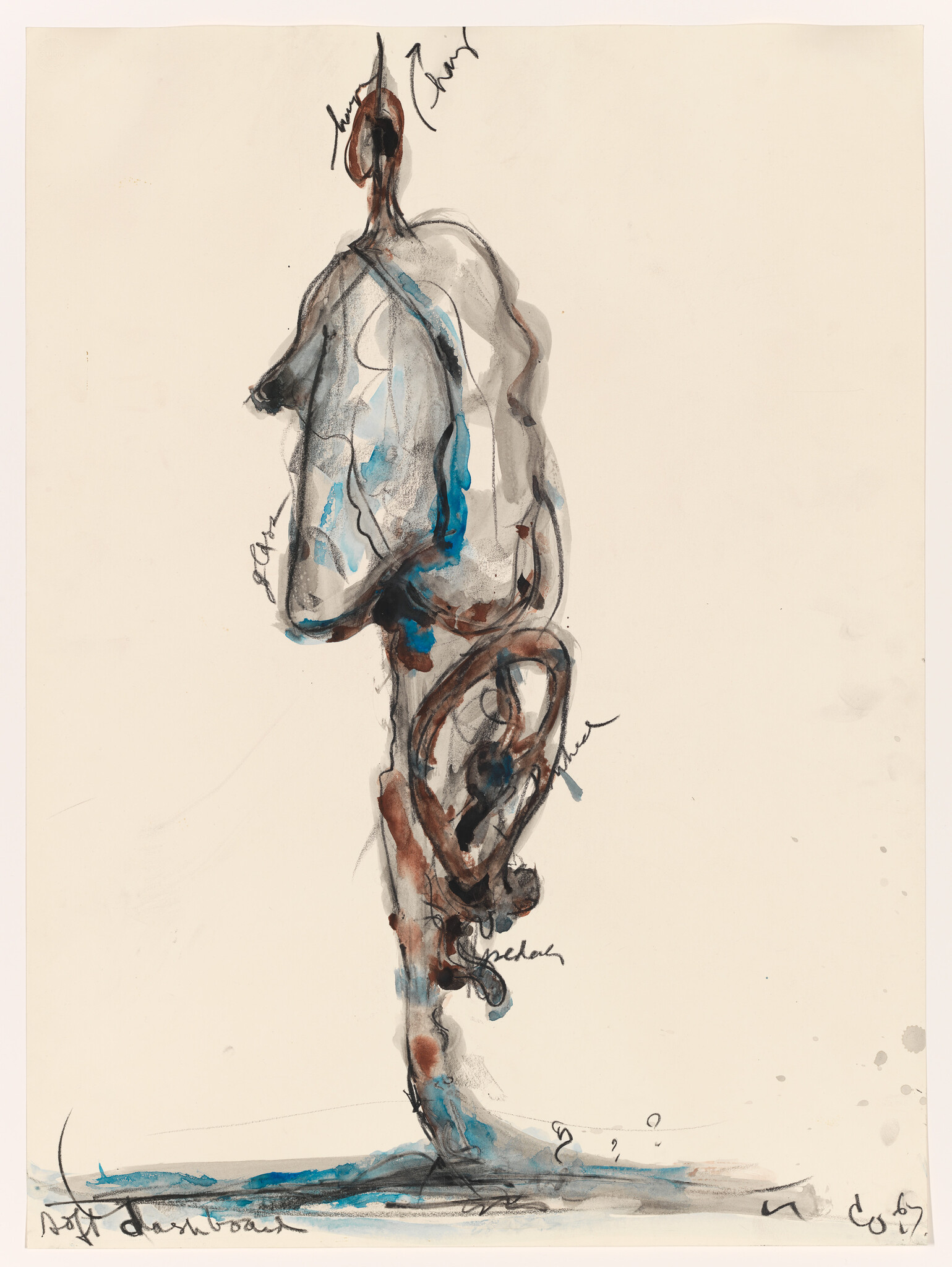 A loose watercolor sketch of a standing abstract figure with blue and brown brushstrokes.