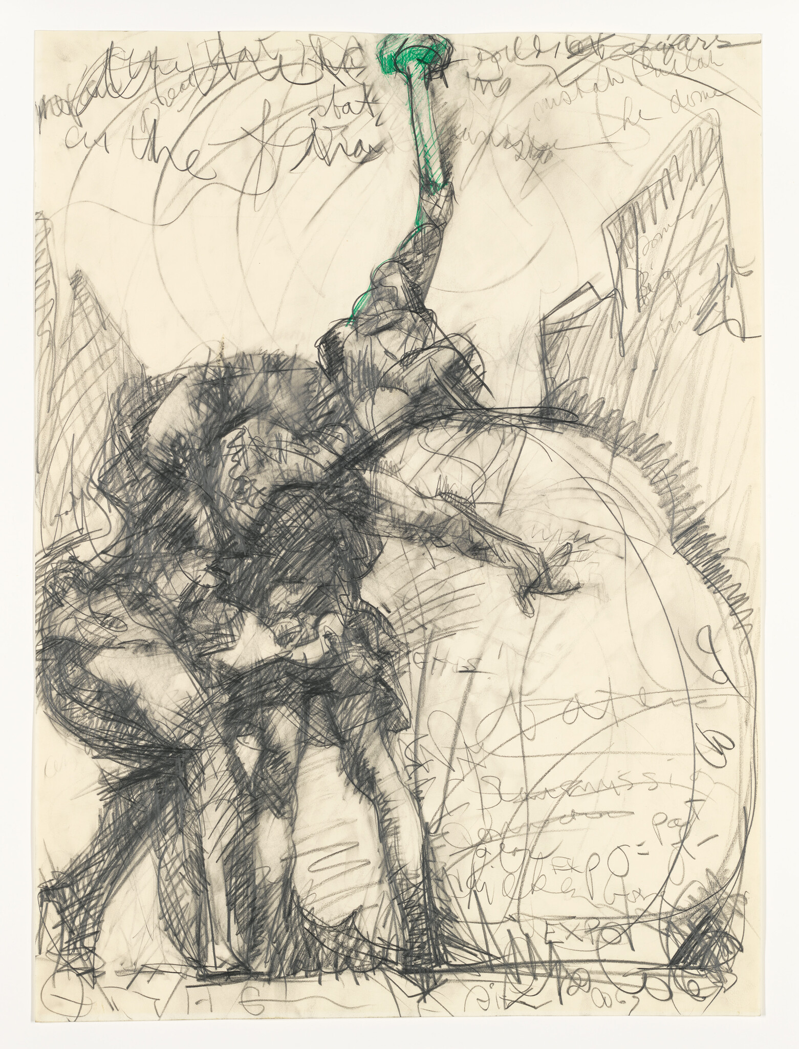 Three people leaning together carrying a large round object while one reaches upward with a green torch.