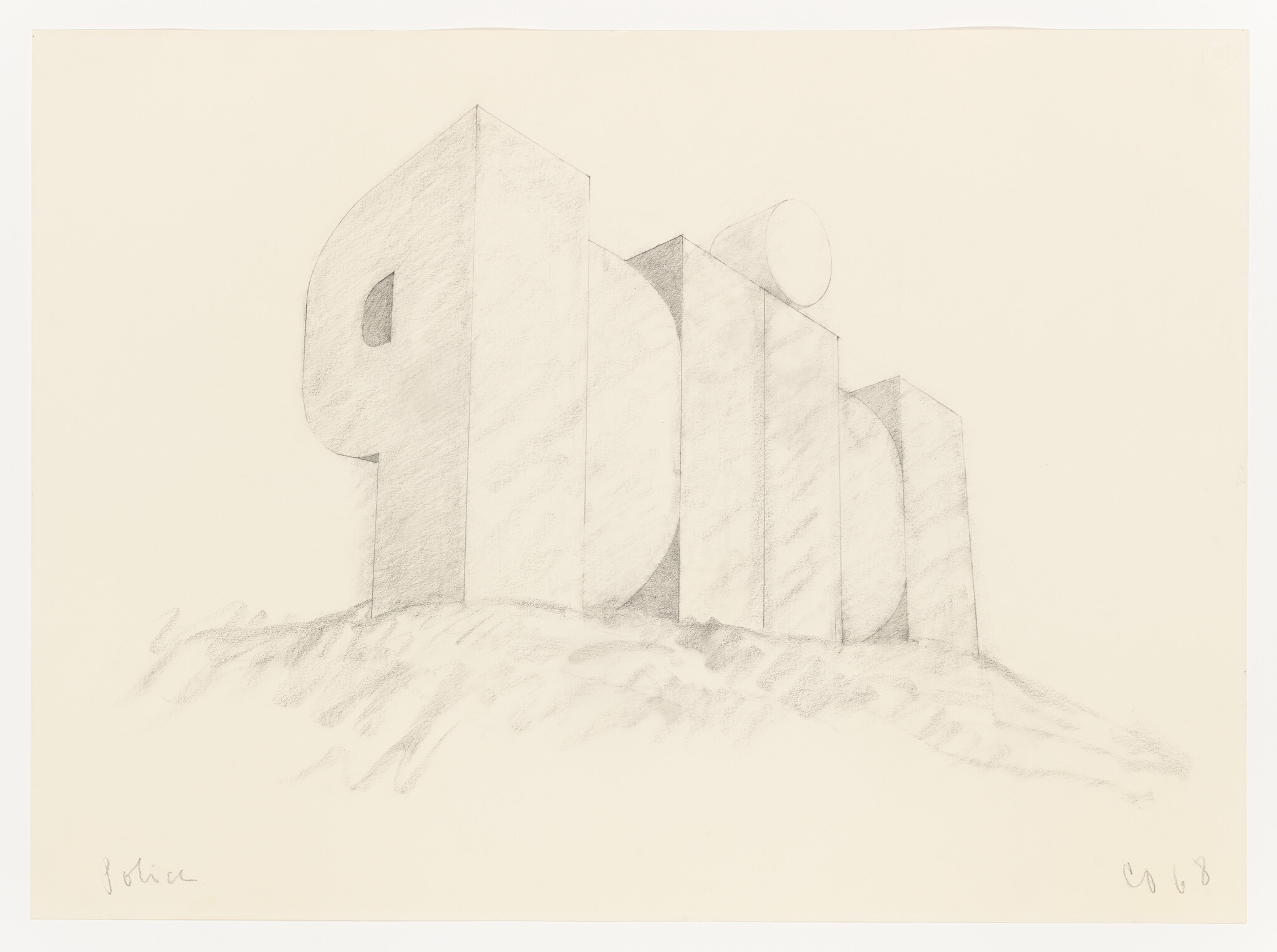 Large geometric block forms resembling letters stand on a shaded ground in a pencil sketch.