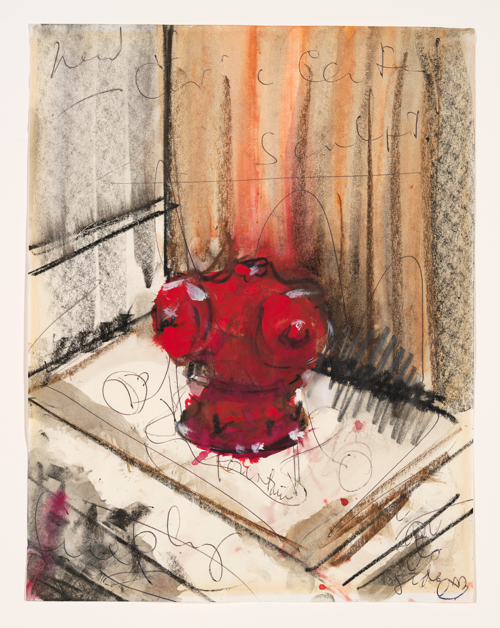 A bright red fire hydrant sculpture sits on a sketchy pedestal amid scribbled, shaded background.