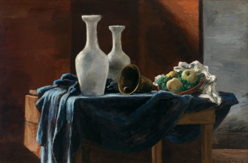 Two white vases, a brass horn, and a basket of apples sit on a table draped with blue cloth.