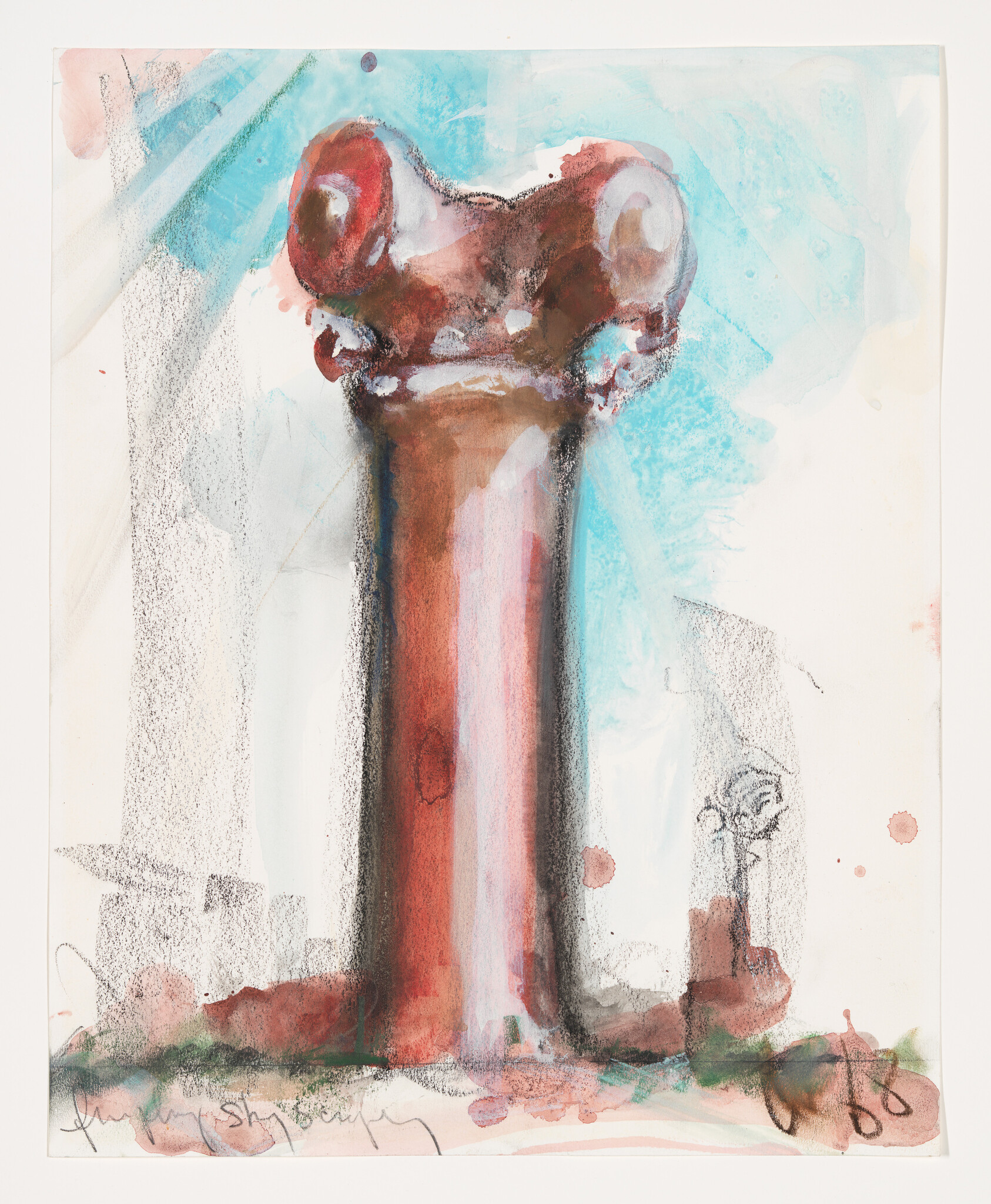 Tall red column with rounded top against a soft blue background, painted with watercolor and charcoal.