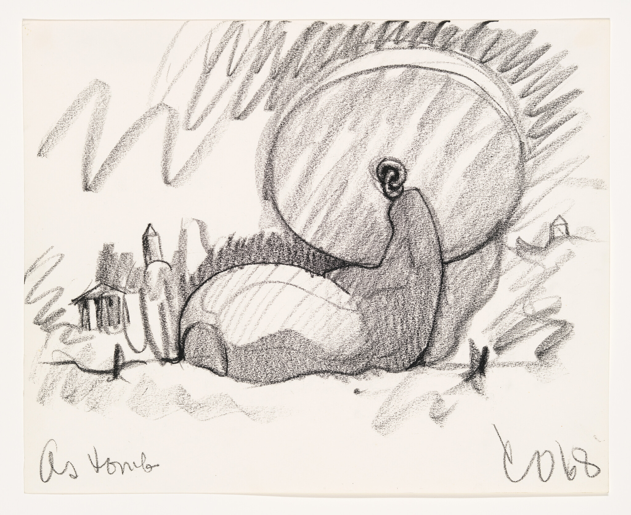 Large rounded abstract reclining figure with circular head in a rough landscape with small houses.