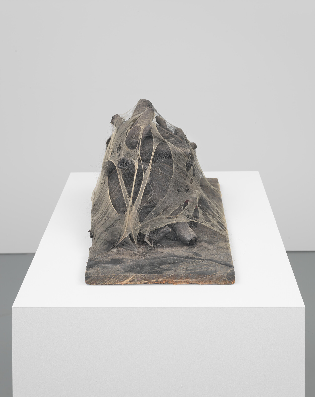 A dark sculptural form draped in thin, web-like fabric sits on a white pedestal.