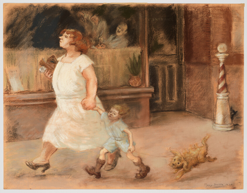 A woman strides forward dragging a reluctant child by the hand while a small dog runs beside them.