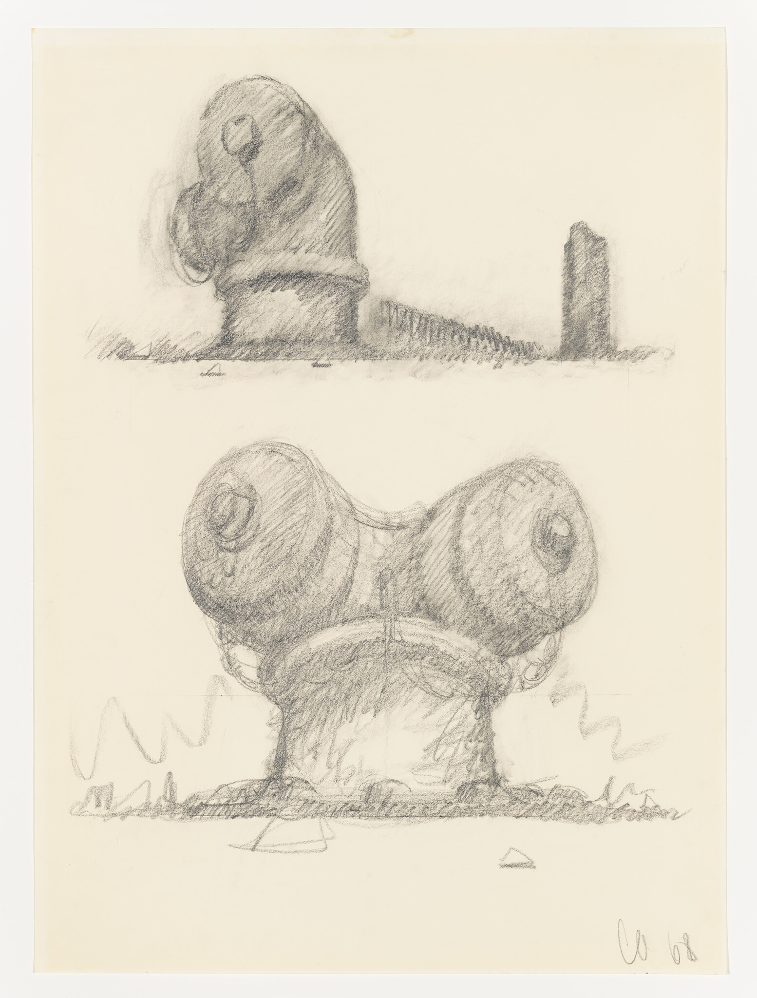 Two pencil sketches show large rounded, mechanical bollard-like forms on a blank page.