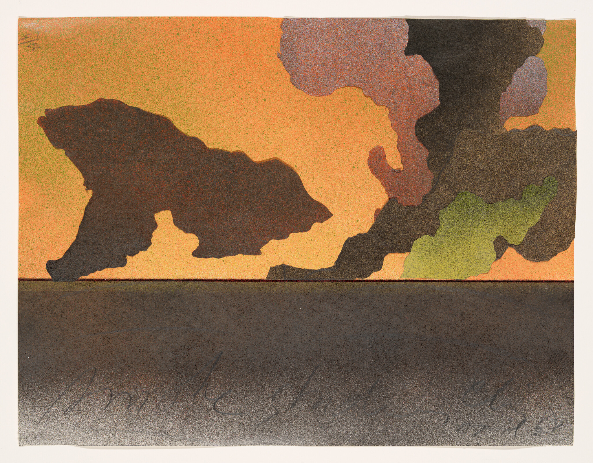 Dark flat foreground with orange sky and large abstract cloud shapes in brown and green.