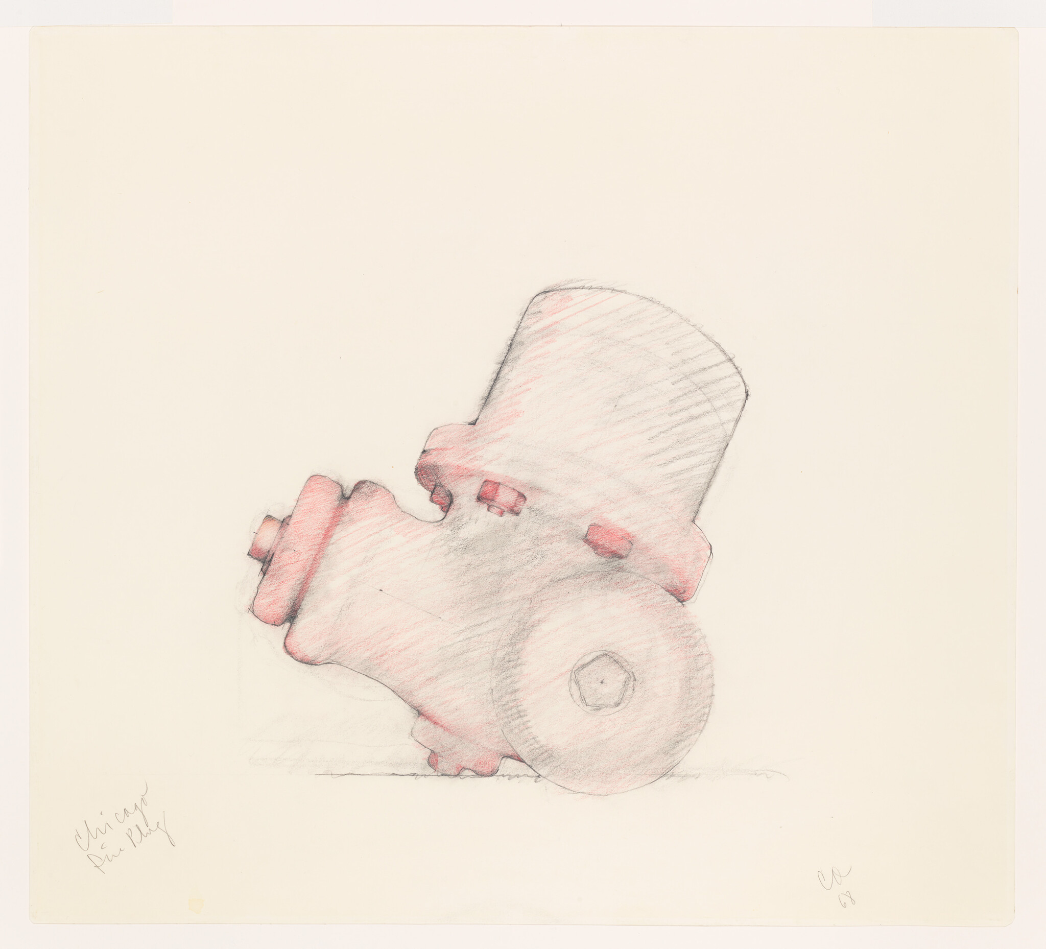 A pencil and red-colored sketch of a fire hydrant lying on its side on paper.
